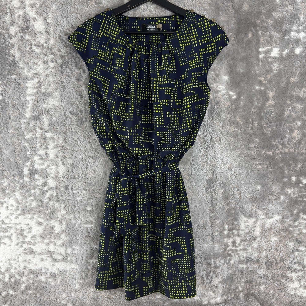 Guess Size 2 Abstract Geometric Fit Flared Mini Dress Cap Sleeve Tie Lined‎
